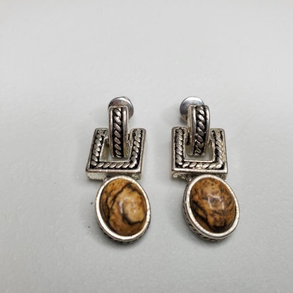 Jasper Vintage Brown Stone‎ Earrings Silver Tone Br - Picture 2 of 7
